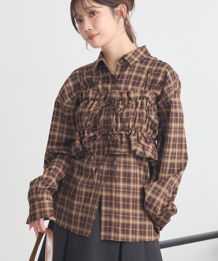 earth music&ecology「SET2点チェック柄シャーリングビスチェ＋シャツ」|シャツ・ブラウス|Brown