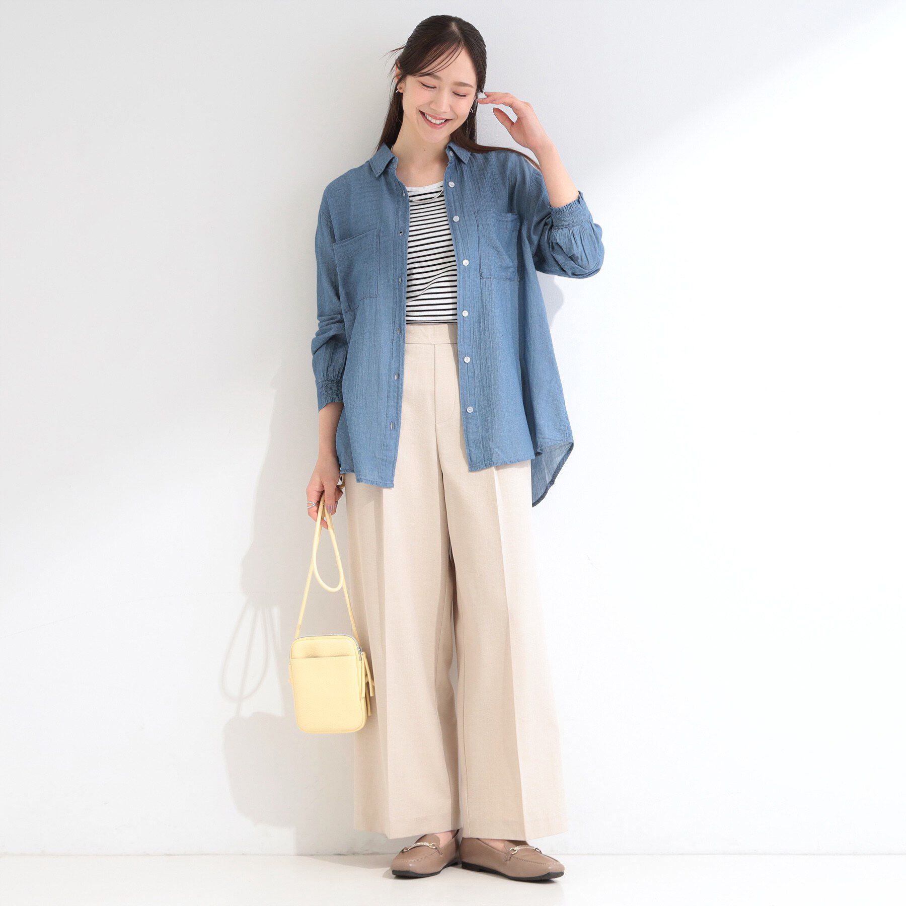 SHOO･LA･RUE「【綿100%/UV/S-LL/体型カバー】優しく透ける 柔らかシアーデニムシャツ」|シャツ・ブラウス|