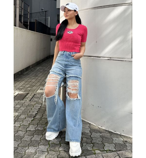 GYDA「ハイウエストThighs cutデザインダメージワイドデニムパンツ」|デニム|