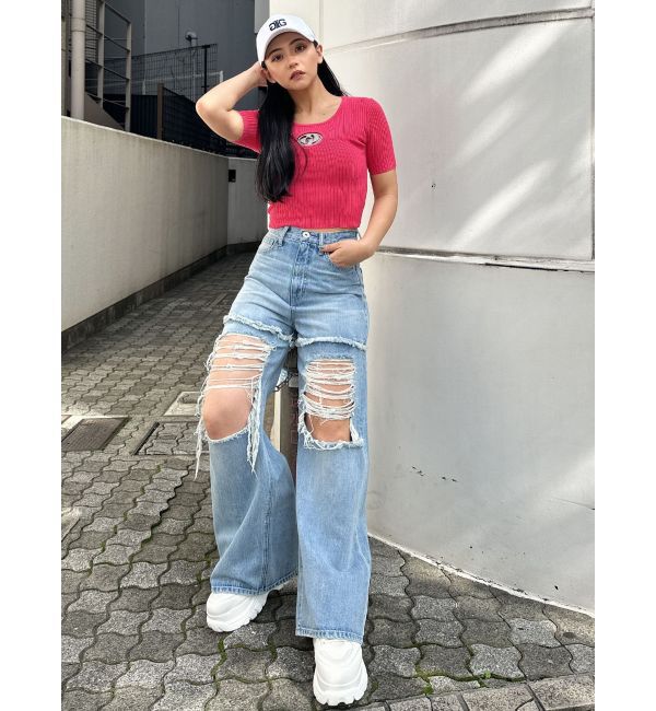 GYDA「ハイウエストThighs cutデザインダメージワイドデニムパンツ」|デニム|
