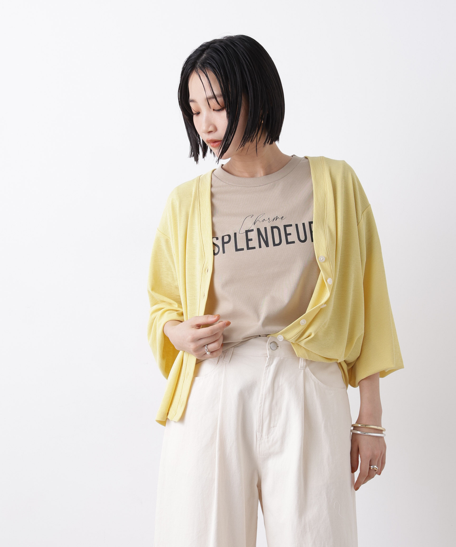 nano･universe「シアーカットVネックカーディガン」|Tシャツ・カットソー|イエロー