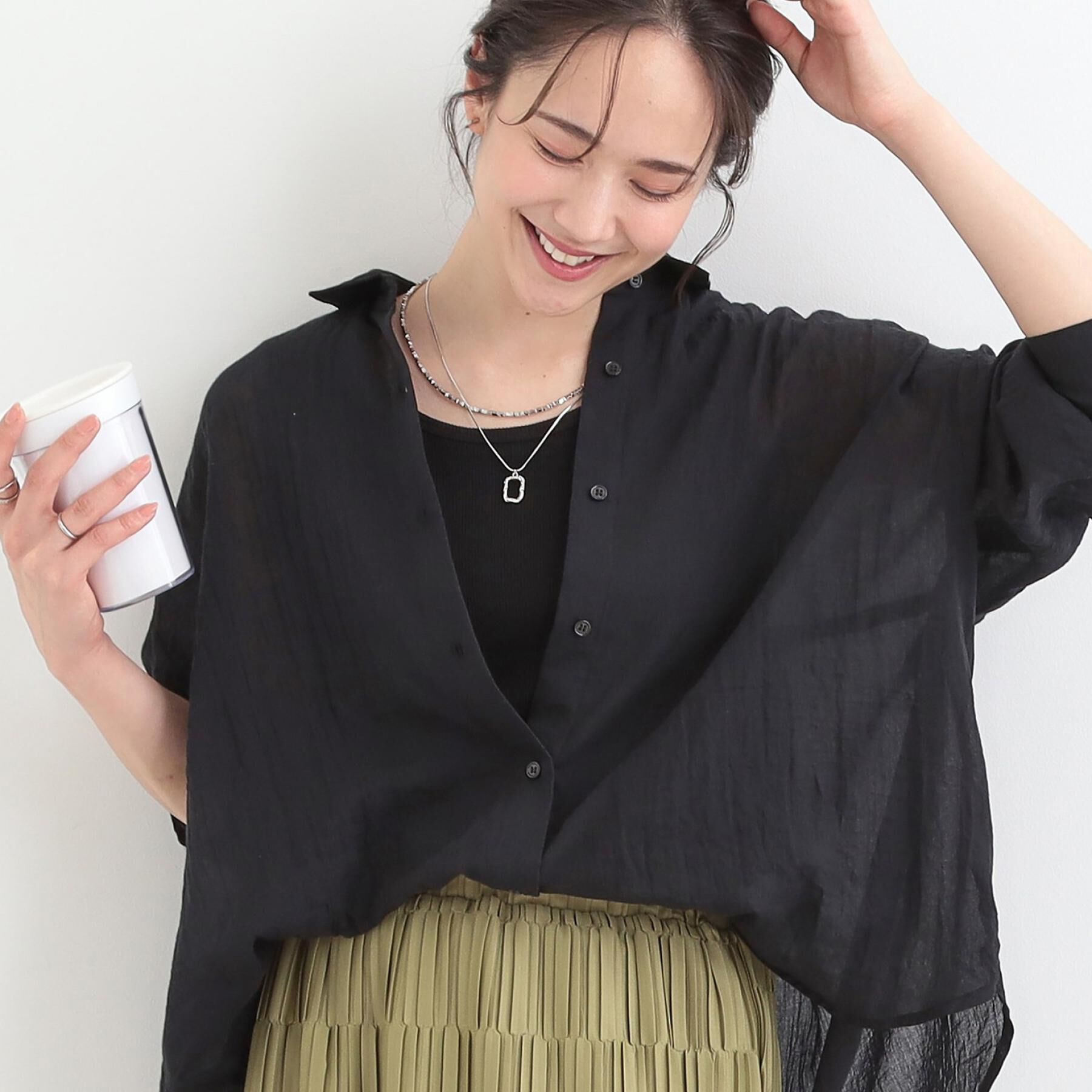 SHOO･LA･RUE「【体型カバー】こなれ感たっぷり やわらかゆるっとシアーシャツ」|シャツ・ブラウス|ブラック(019)