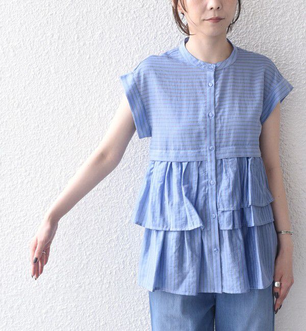 SHIPS Colors 「SHIPS Colors:〈接触冷感・手洗い可能〉シアー ドビーストライプ ペプラム シャツ」|シャツ・ブラウス|