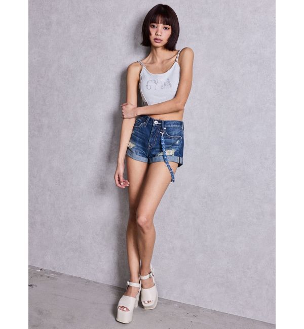 GYDA「ジャストウエストGYDA chainダメージデニムショートパンツ」|デニム|