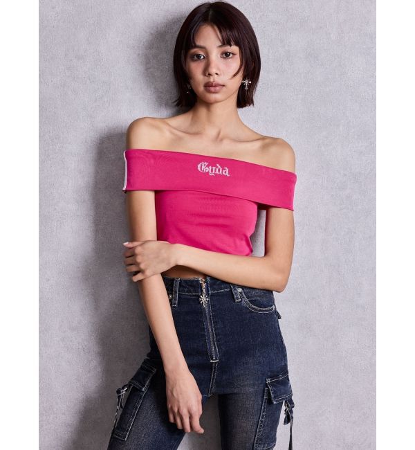 GYDA「Gyda bijouサイドラインオフショルショートTOPS」|Tシャツ・カットソー|