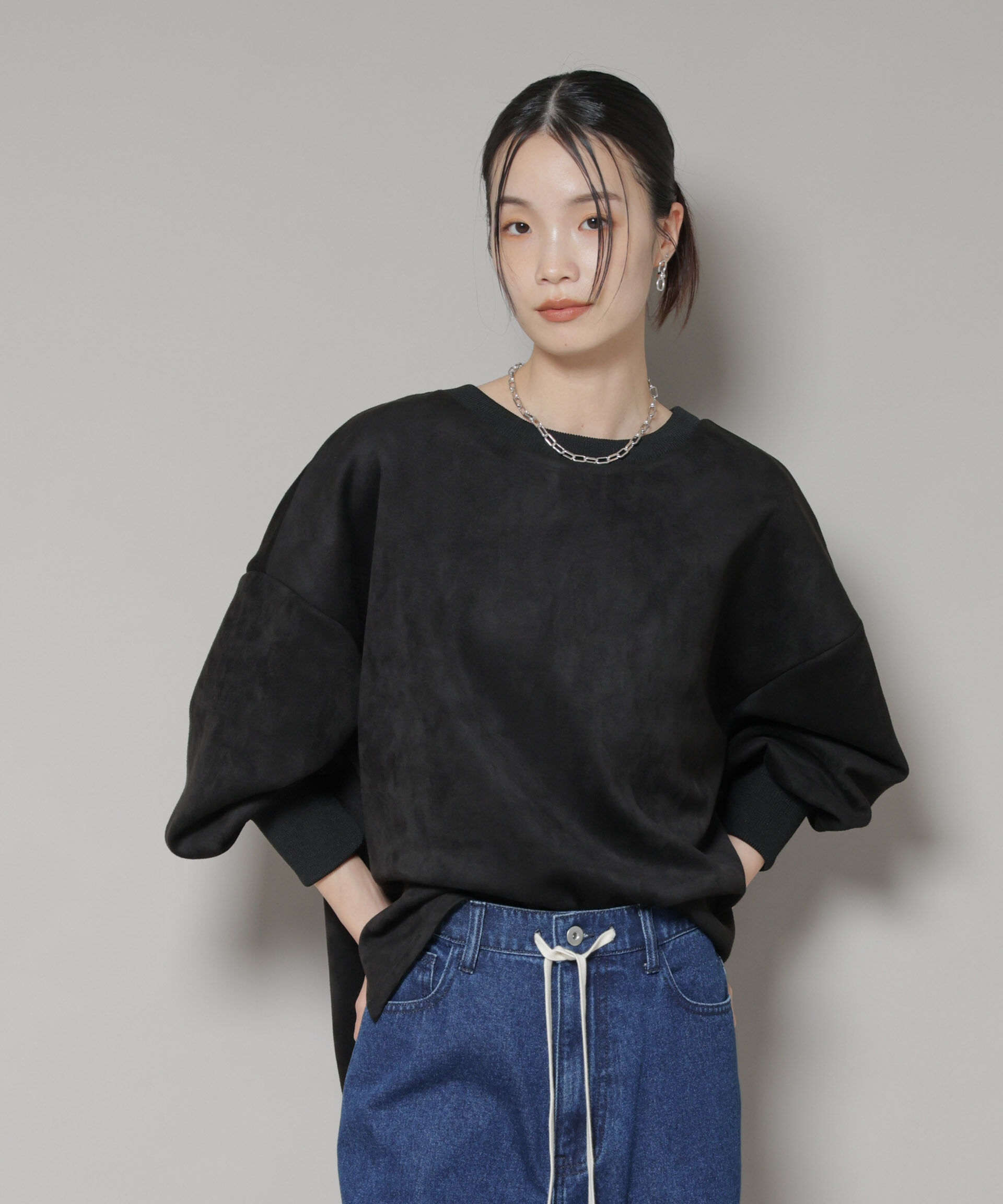 nano･universe「カットスエードサイドスリットワイドプルオーバー(セットアップ可)」|Tシャツ・カットソー|ブラック
