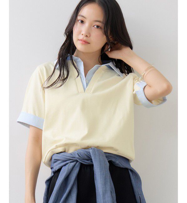 VIS「ICE BEAUTY ドッキング衿ハーフスリーブプルオーバー/UVケア・接触冷感・汗染み防止」|Tシャツ・カットソー|