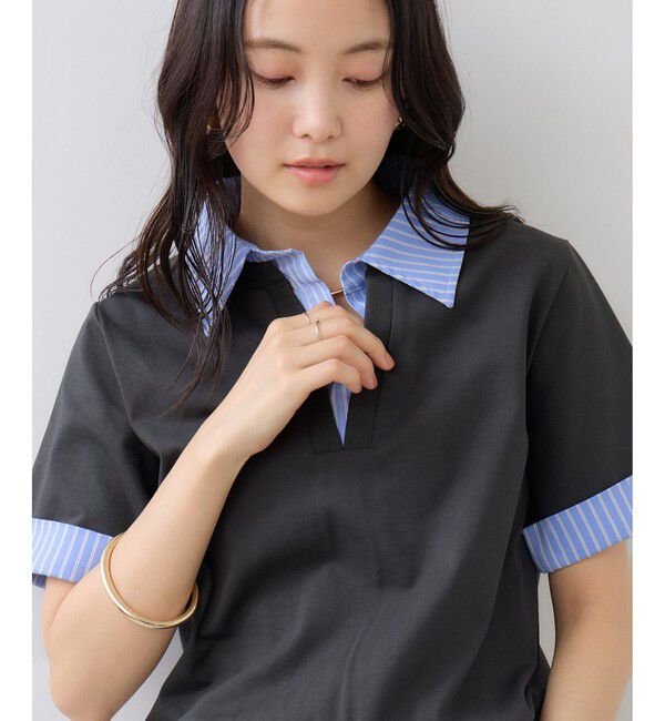 VIS「ICE BEAUTY ドッキング衿ハーフスリーブプルオーバー/UVケア・接触冷感・汗染み防止」|Tシャツ・カットソー|