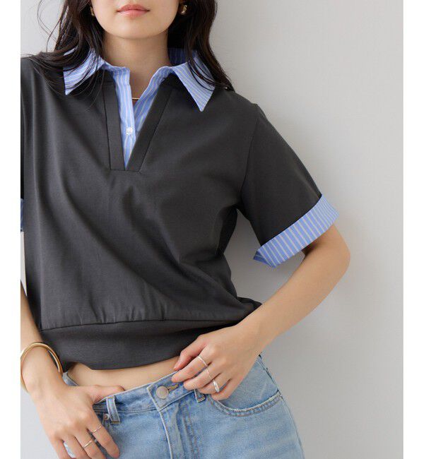 VIS「ICE BEAUTY ドッキング衿ハーフスリーブプルオーバー/UVケア・接触冷感・汗染み防止」|Tシャツ・カットソー|