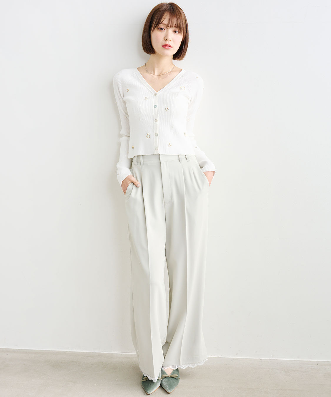 COCO DEAL「ヘムレースストレートパンツ」|スラックス|ミント