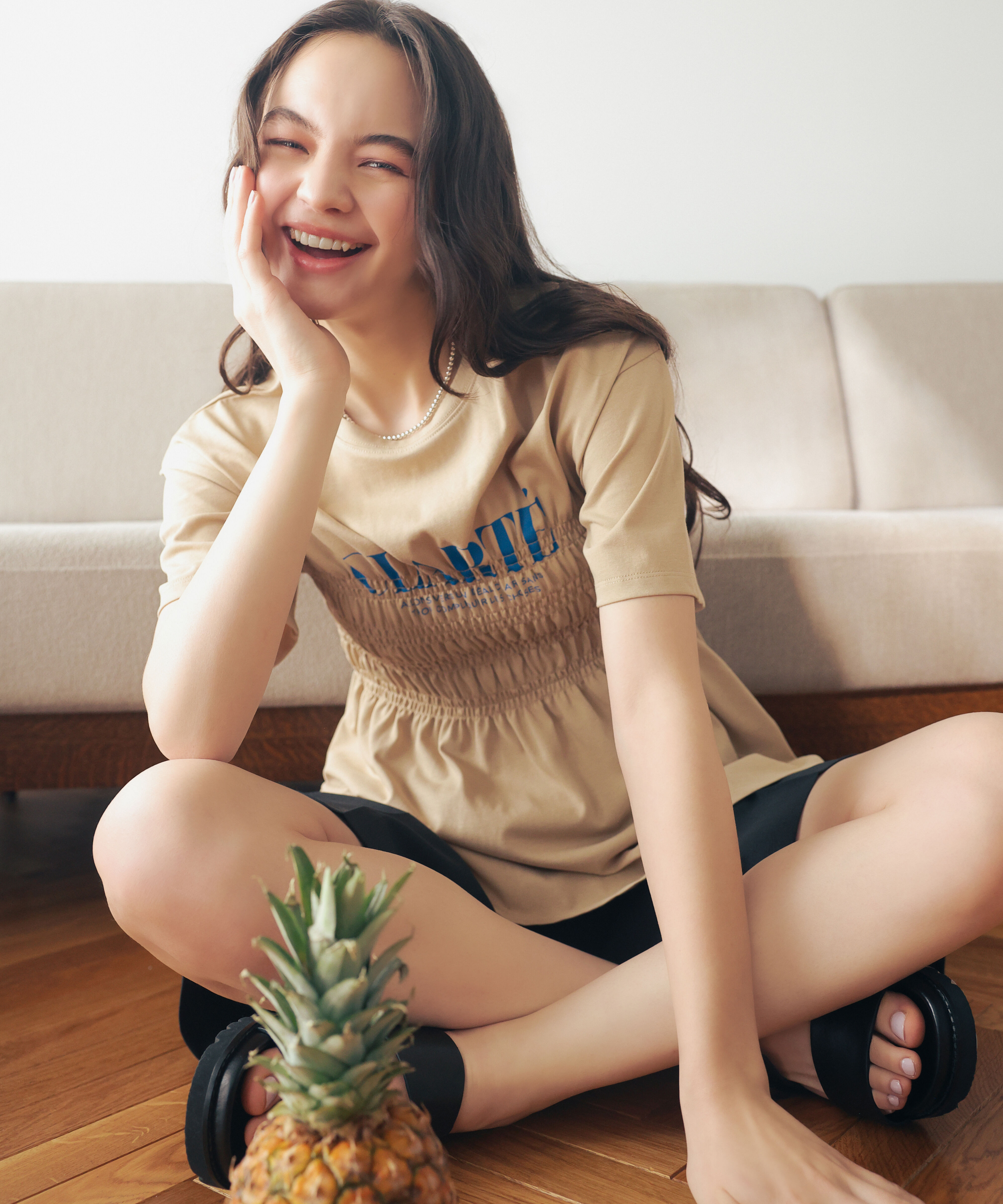  「シャーリングペプラムカットソー」|Tシャツ・カットソー|ベージュ
