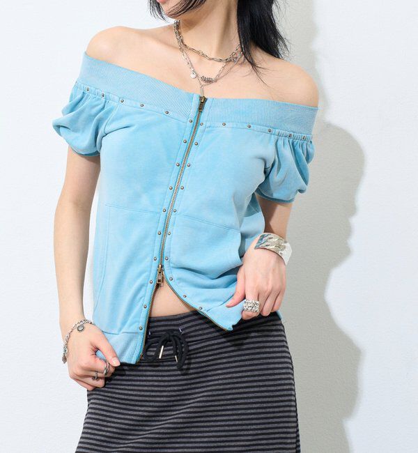  「【WEB限定】フロントジップスタッズSSトップス」|Tシャツ・カットソー|サックスブルー