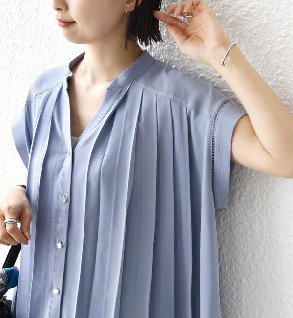 SHIPS for women「【WEB限定】〈手洗い可能〉ストレッチ ジョーゼット プリーツ スキッパー ブラウス」|シャツ・ブラウス|スカイブルー
