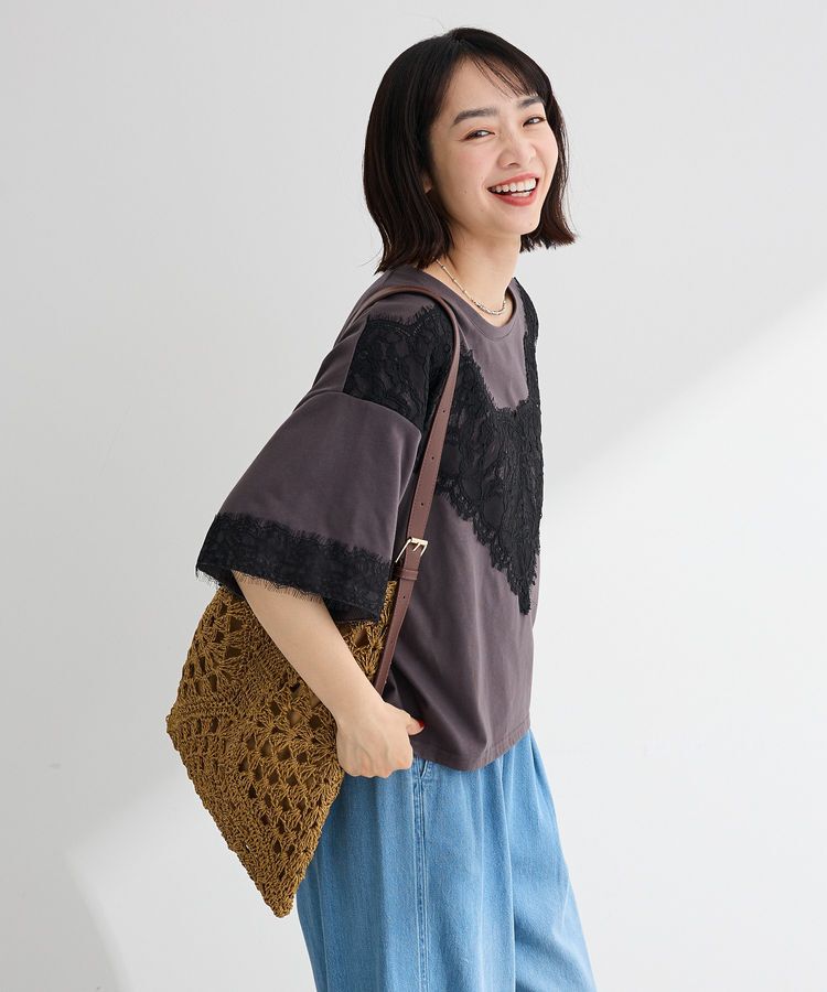 Green Parks「レースドッキング半袖プルオーバー」|Tシャツ・カットソー|Charcoal Gray