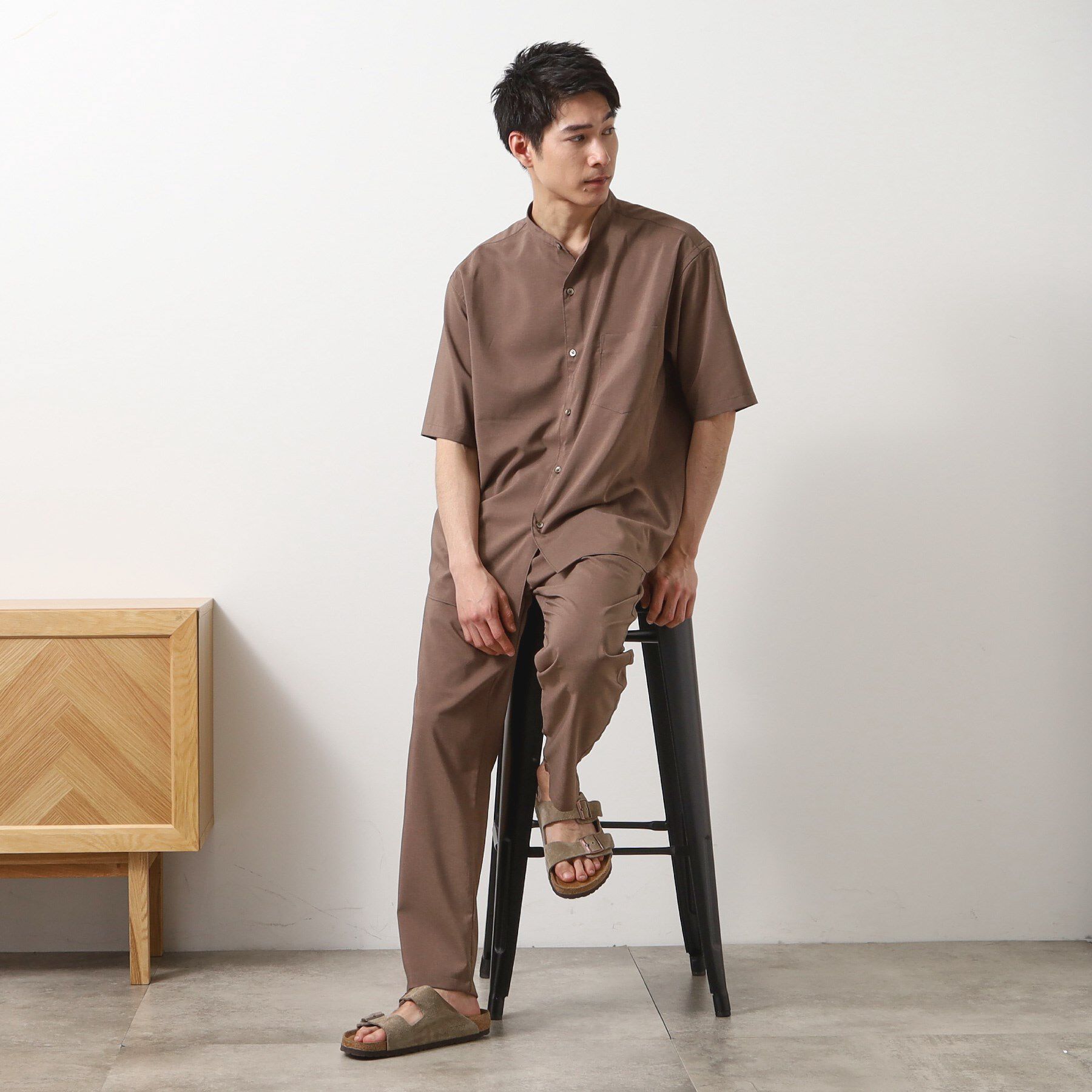 THE SHOP TK「クールファイバー バンドカラー半袖シャツ　接触冷感／吸水速乾／UVケア／軽量／セットアップ可」|シャツ・ブラウス|