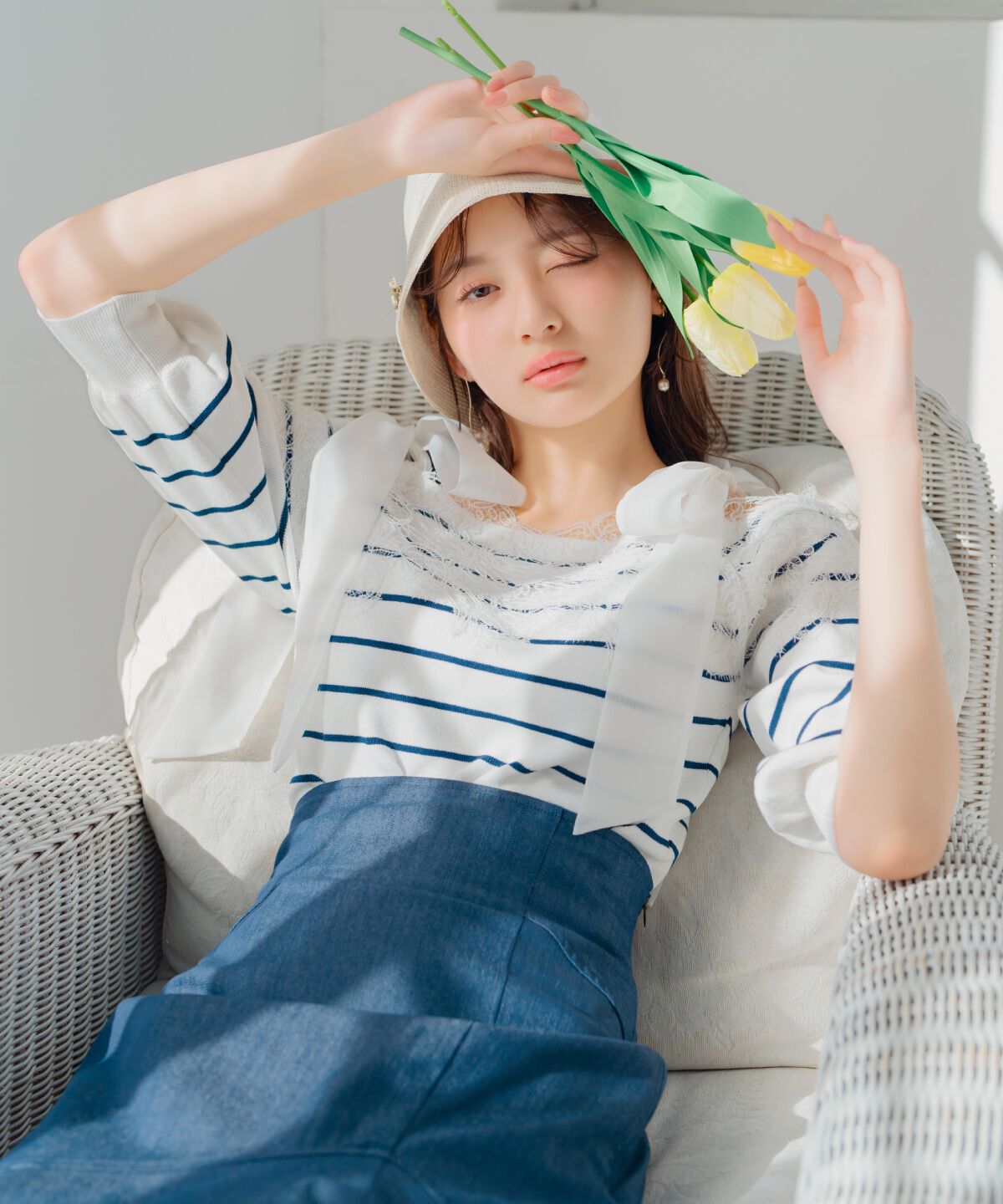 WILLSELECTION「レーストリミング肩リボンニット」|ニット・セーター|Navy/borderｽﾄﾗｲﾌﾟ