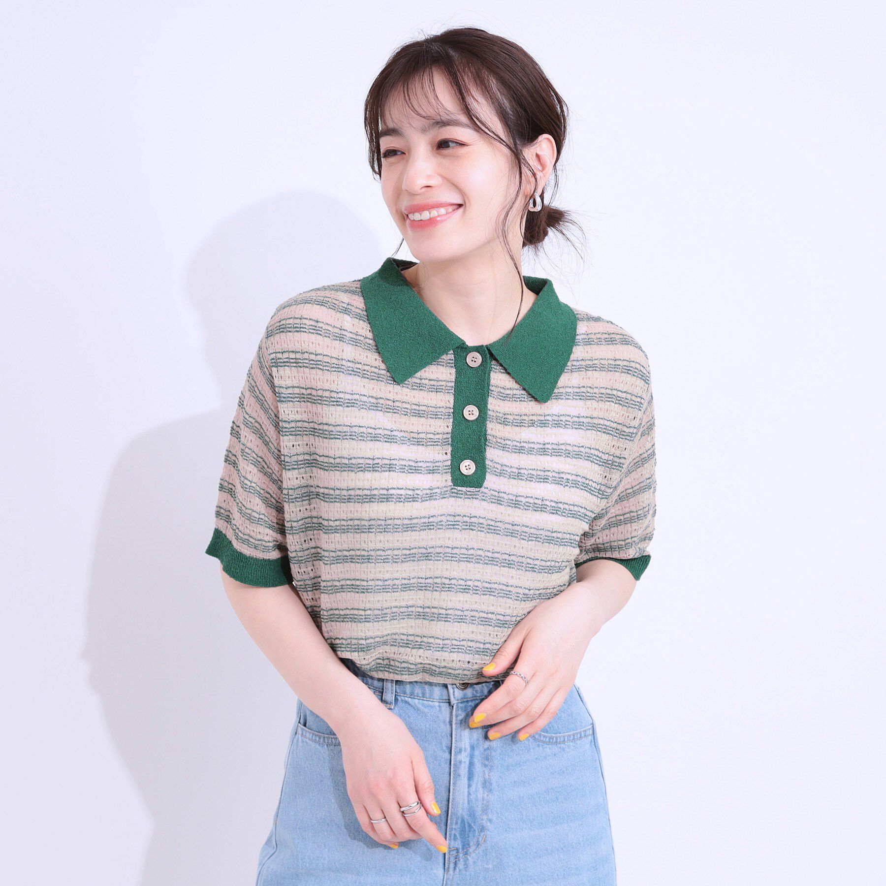 SHOO･LA･RUE「【S-LL】大人カジュアルコーデに 透かし編みボーダー ポロニット」|ニット・セーター|