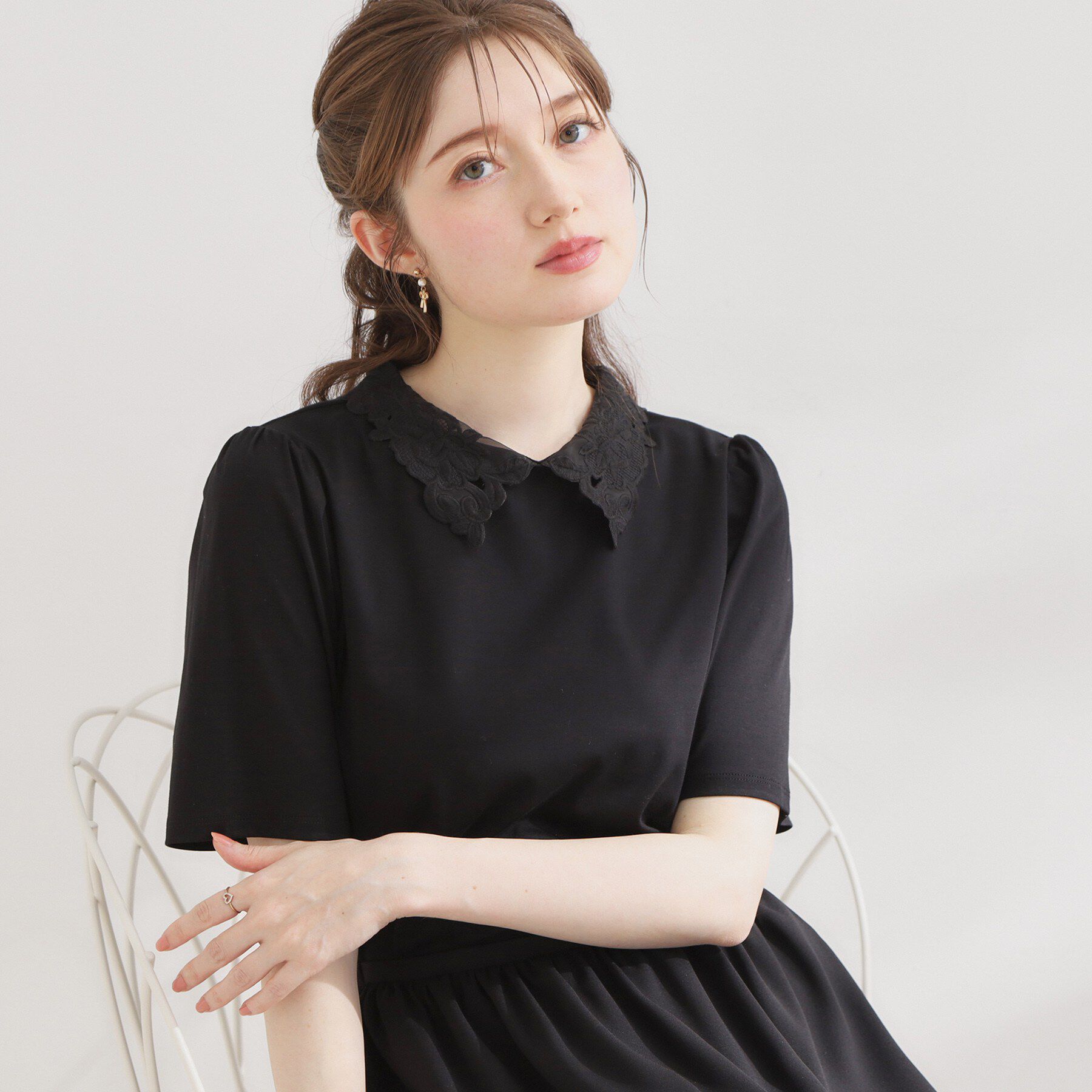 Couture broach「【UVカット・接触冷感・洗える】襟レース トップス」|Tシャツ・カットソー|ブラック(019)