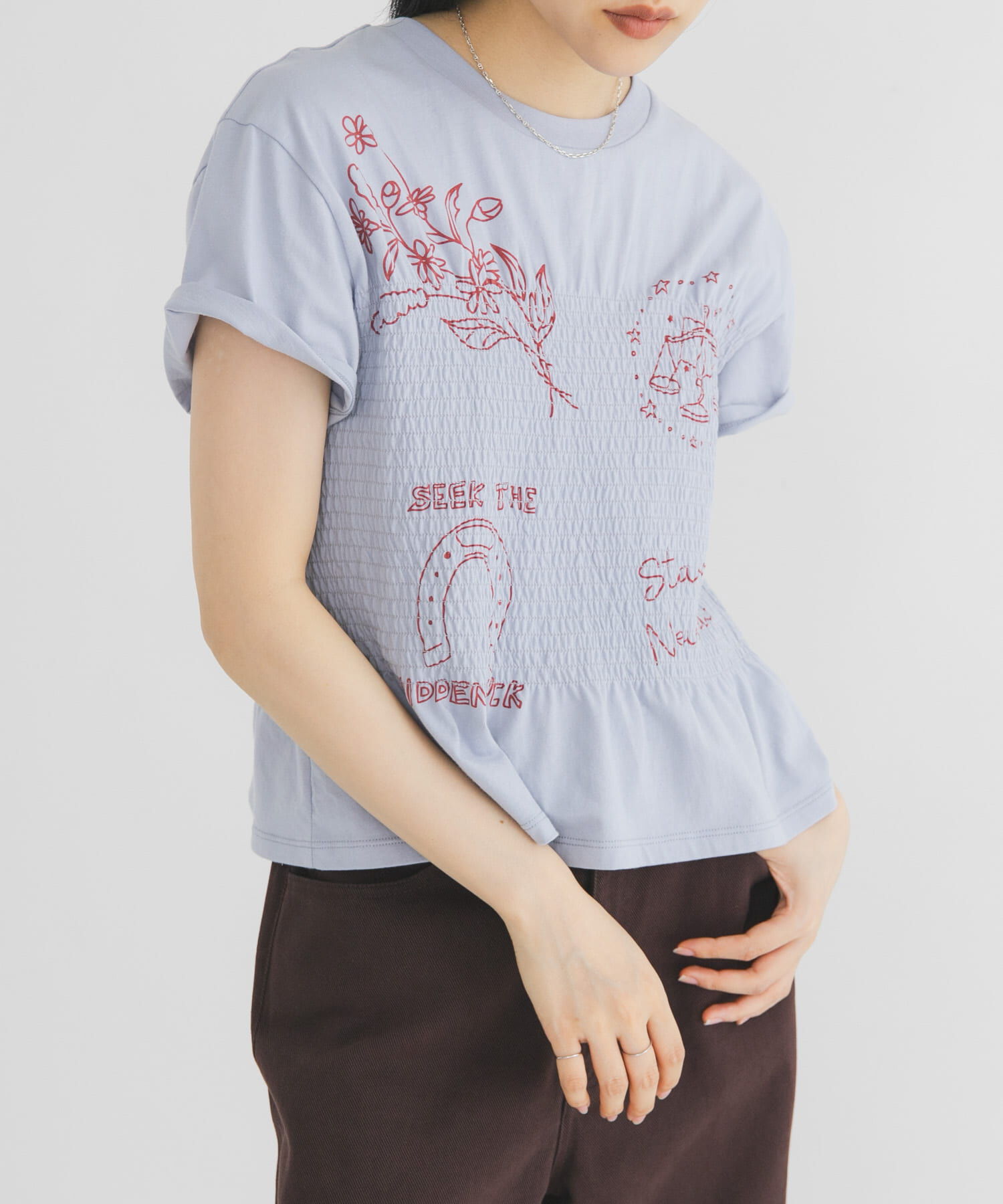  「シャーリングデザインプリントTEE」|Tシャツ・カットソー|