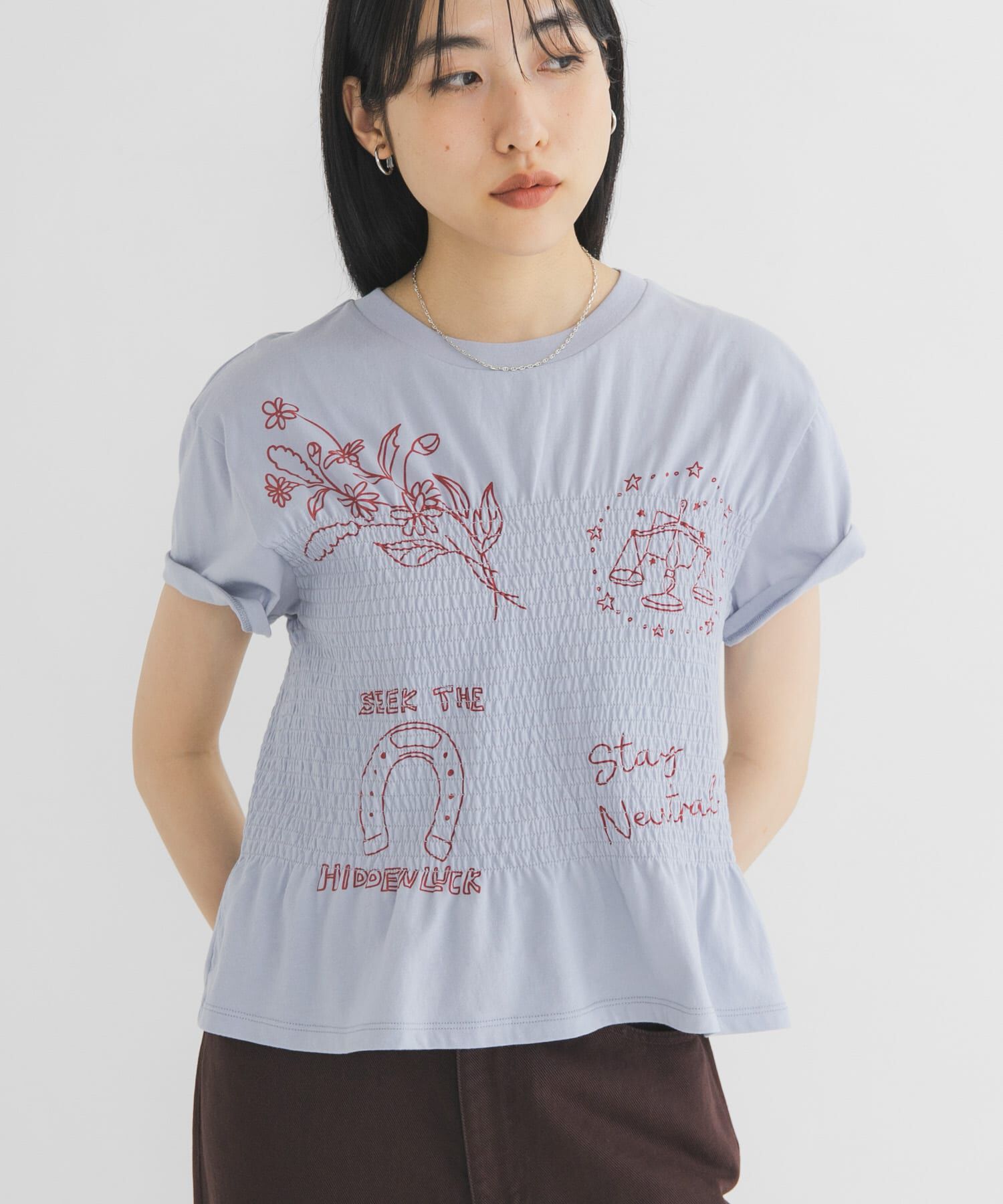  「シャーリングデザインプリントTEE」|Tシャツ・カットソー|