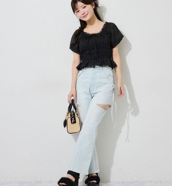  「【 XS/S/Mサイズ展開】サイドスリットリボン美脚デニムパンツ」|その他|