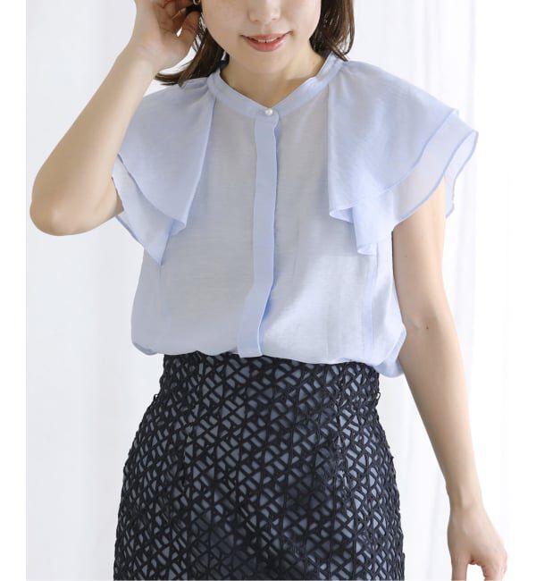  「【洗える】ラッフルスリーブシャツ」|シャツ・ブラウス|サックスブルー