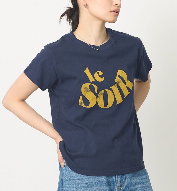 abahouse mavie「【コットン100％】甘編み天竺フロッキープリントTシャツ/半袖/夏服/ロゴT」|Tシャツ・カットソー|ネイビー