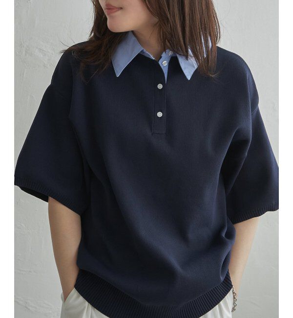 VENCE share style「シャツ襟 半袖ポロニット」|シャツ・ブラウス|ネイビーブルー