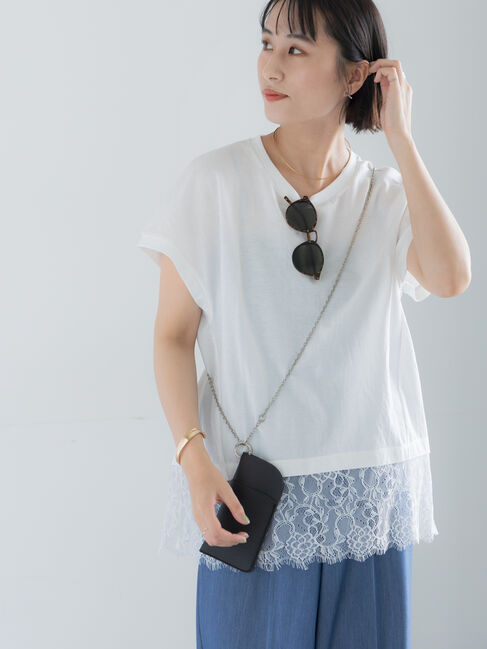 Te chichi「【接触冷感/ﾏｼﾝｳｫｯｼｬﾌﾞﾙ】レースヘムTシャツ」|Tシャツ・カットソー|オフホワイト