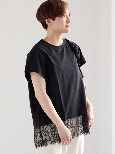 Te chichi「【接触冷感/ﾏｼﾝｳｫｯｼｬﾌﾞﾙ】レースヘムTシャツ」|Tシャツ・カットソー|ブラック