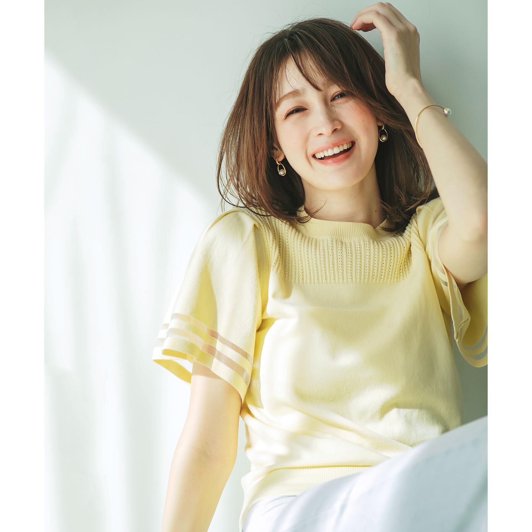index「フレアスリーブニット／オーガニックコットン混【UV／洗濯機洗い可】」|ニット・セーター|ライトイエロー(03