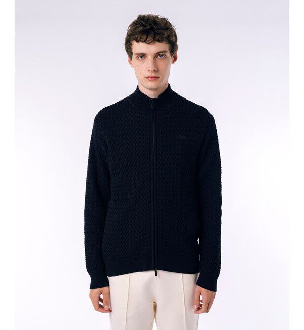 LACOSTE「バスケットニット ダブルジップ ドライバーズニット」|カーディガン|ブラック