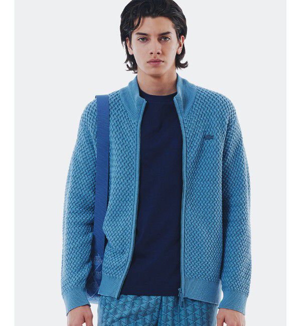 LACOSTE「バスケットニット ダブルジップ ドライバーズニット」|カーディガン|グレイッシュブルー