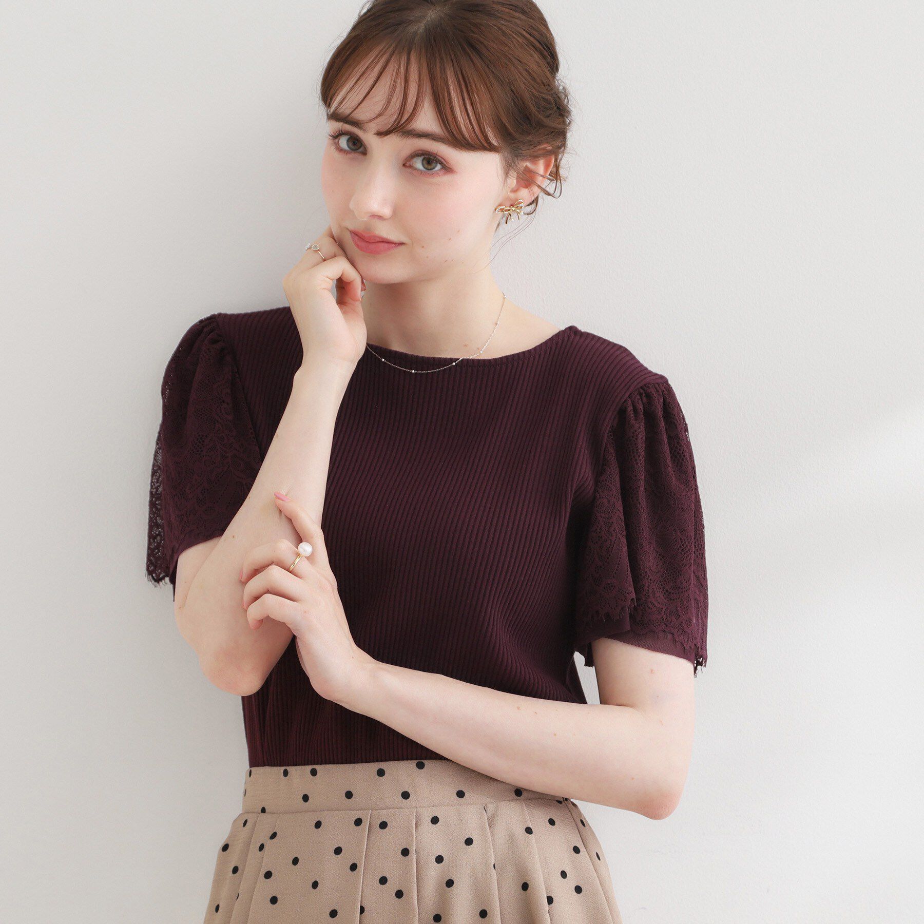 Couture broach「【洗える】袖レース テレコトップス」|Tシャツ・カットソー|ボルドー(064)