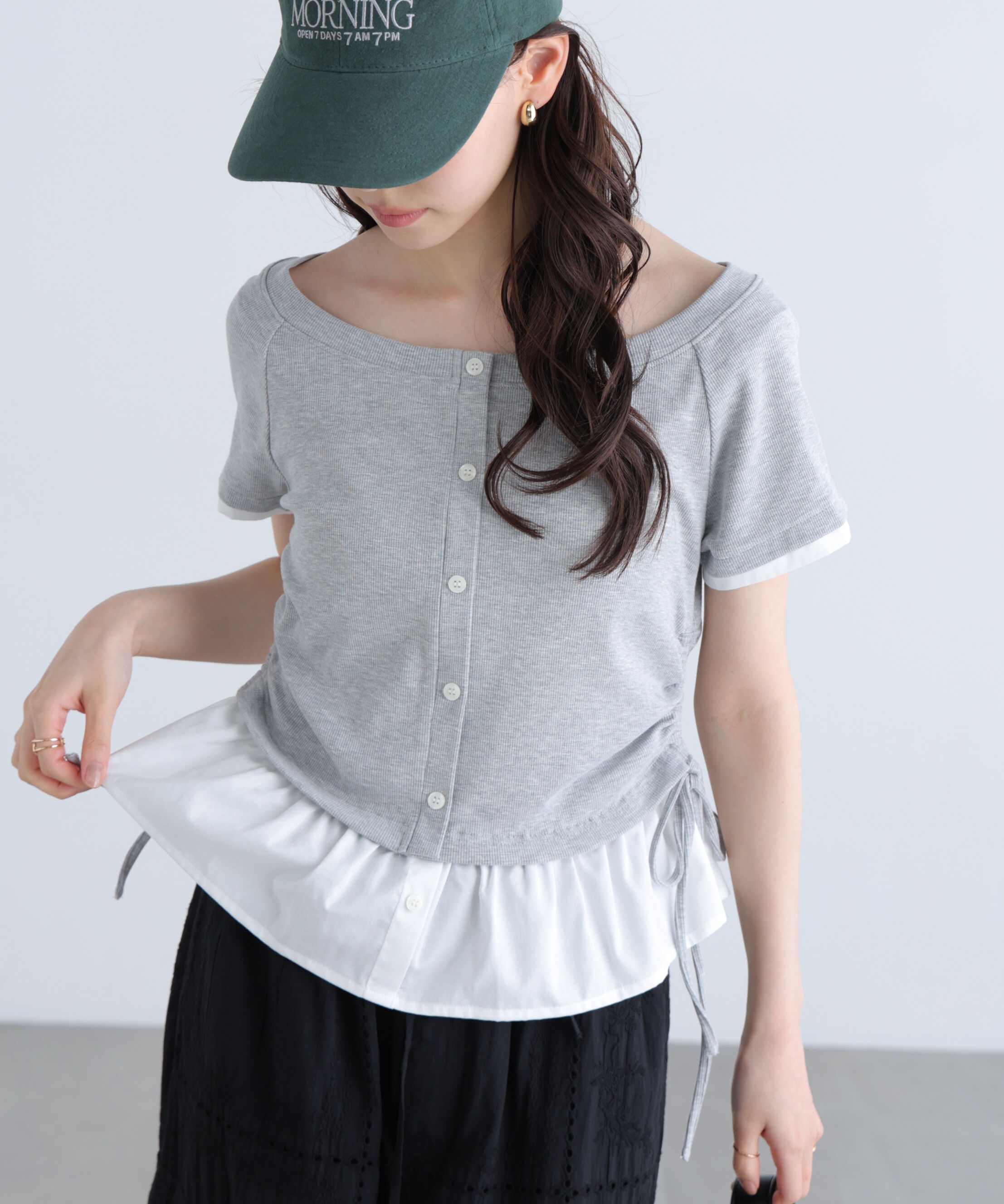  「布帛ドッキングサイドシャーリング半袖カットソー」|Tシャツ・カットソー|グレー