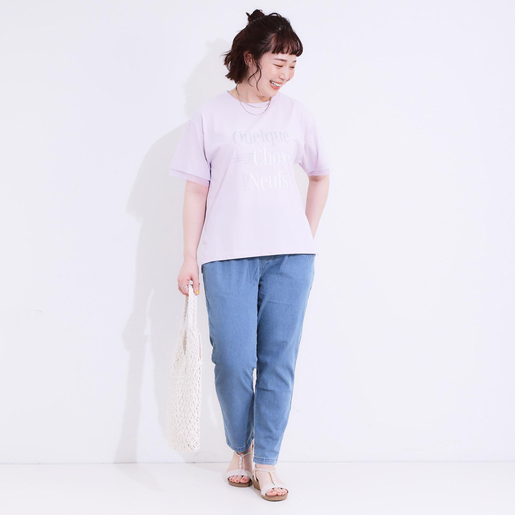 SHOO･LA･RUE「【ひんやり/UVカット】選べる3柄 お袖チュールで差をつける ロゴプリントTシャツ」|Tシャツ・カットソー|