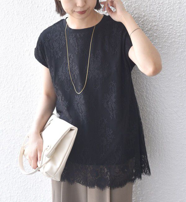 SHIPS Colors 「SHIPS Colors:〈手洗い可能〉フリンジ レース レイヤード TEE」|Tシャツ・カットソー|ブラック