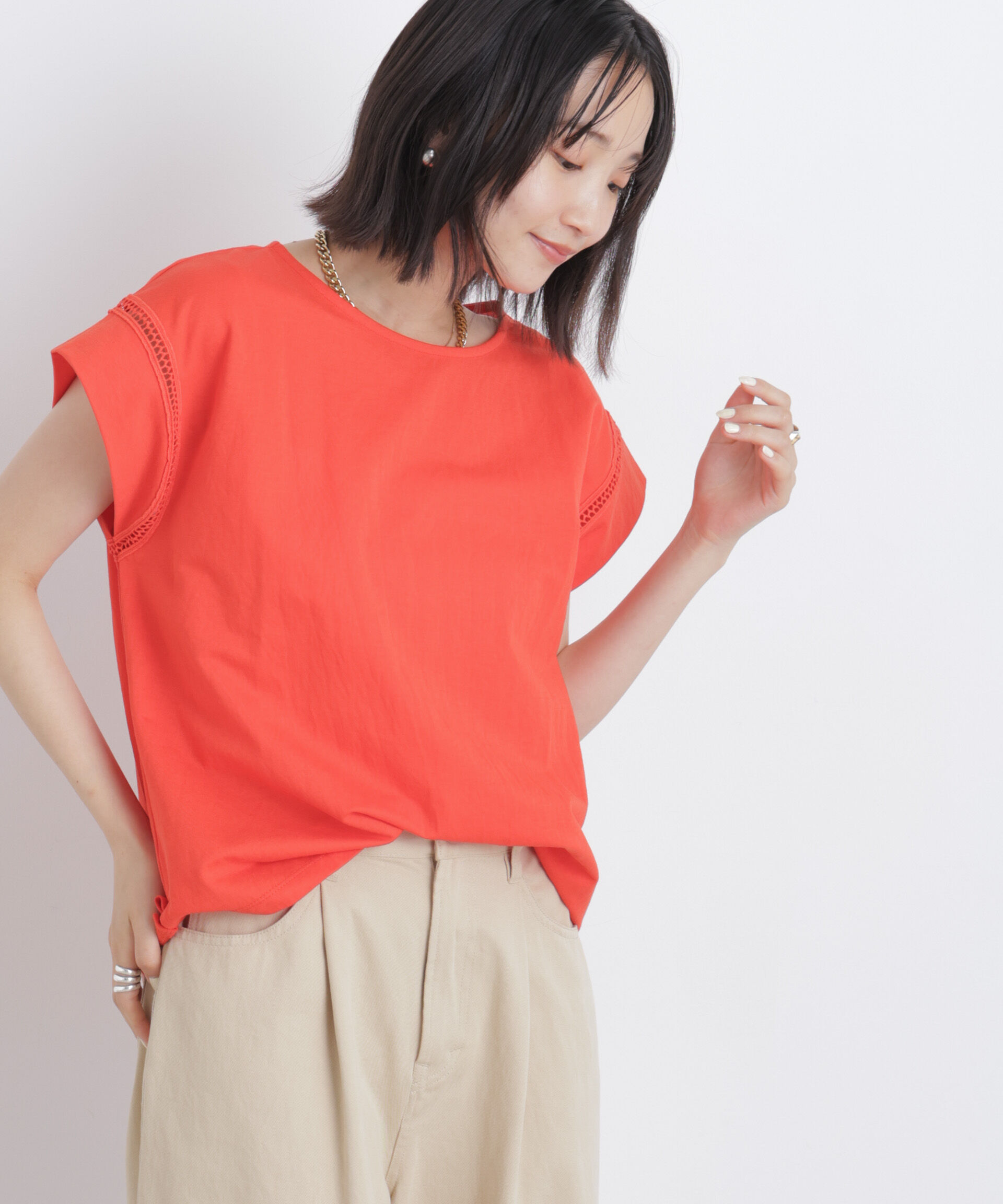 nano･universe「ハシゴレースフレンチスリーブカットトップス」|Tシャツ・カットソー|