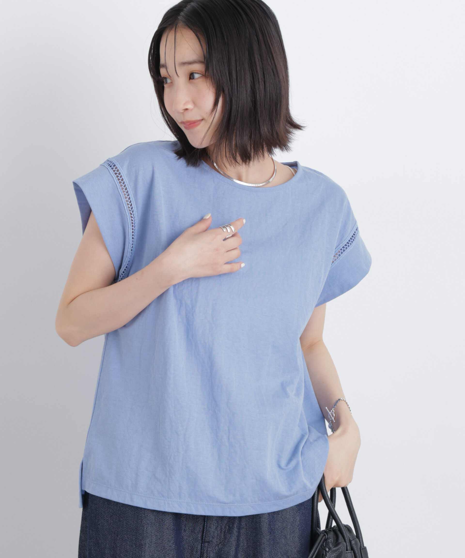 nano･universe「ハシゴレースフレンチスリーブカットトップス」|Tシャツ・カットソー|