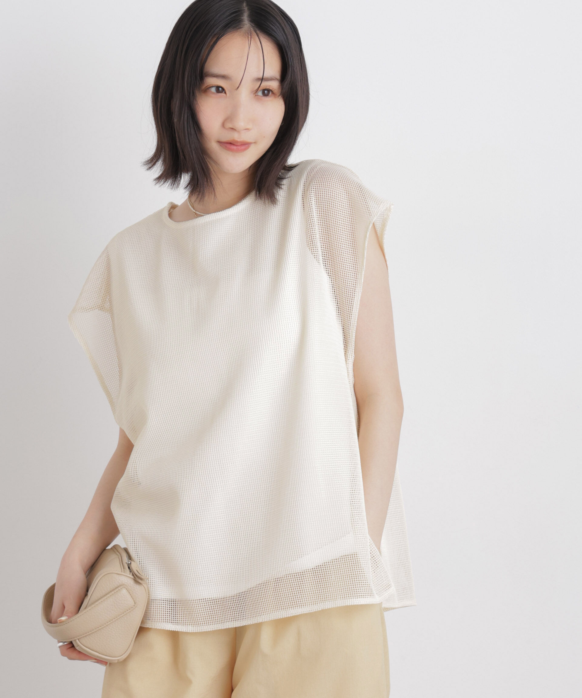 nano･universe「カラミメッシュレイヤードカットトップス」|Tシャツ・カットソー|ライトベージ 1