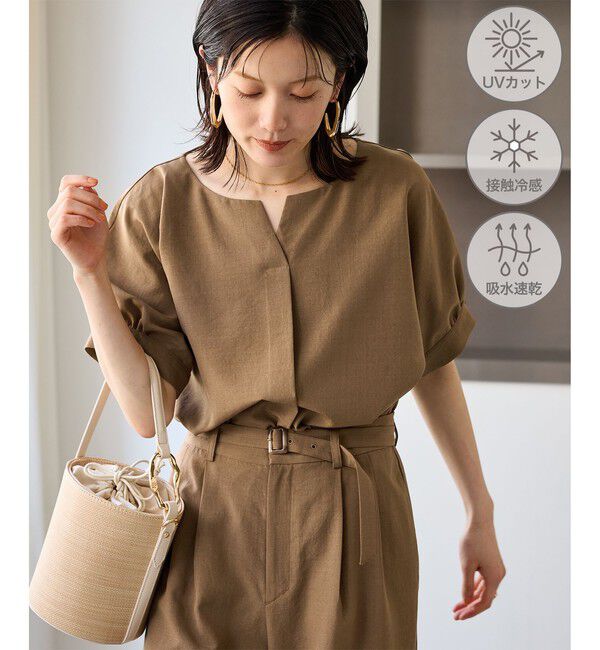 Rope&rsquo;Picnic「エアリーリネンライク キーネックブラウス/接触冷感・UVカット・速乾」|シャツ・ブラウス|キャメル(25)