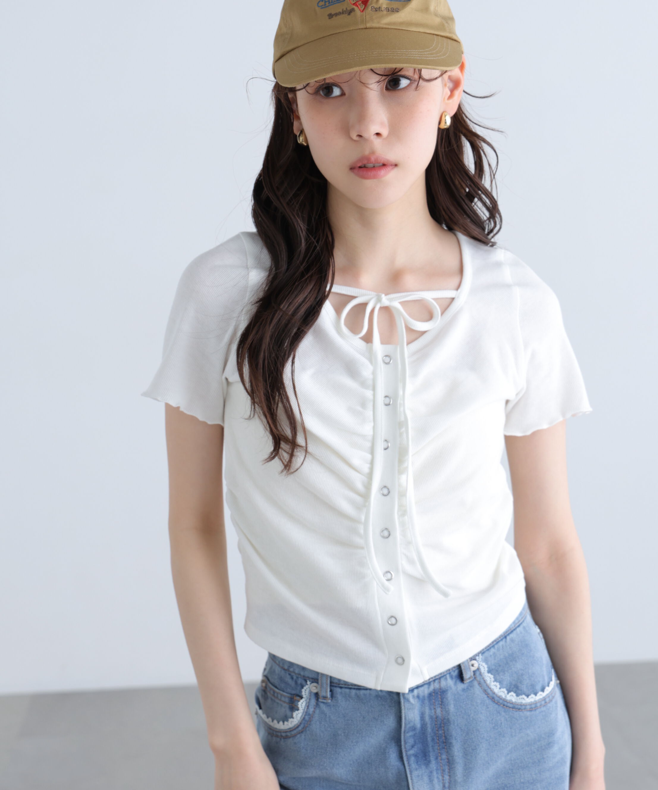 「フロントギャザーデコルテ半袖カットソー」|Tシャツ・カットソー|