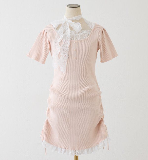  「 【Lace Collection】ドロストニットミニワンピース」|ワンピース|
