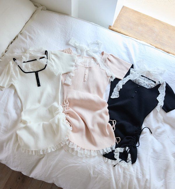  「 【Lace Collection】ドロストニットミニワンピース」|ワンピース|