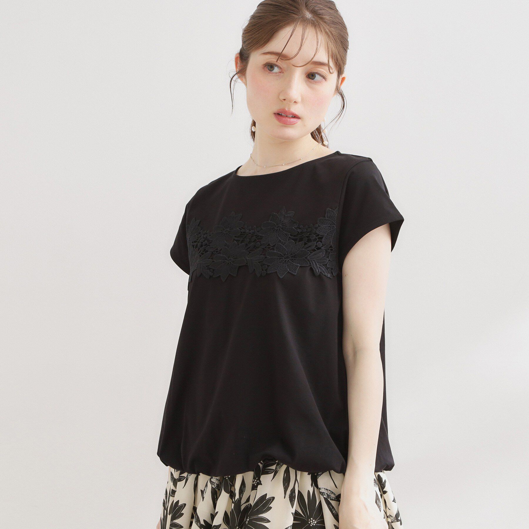 Couture broach「【UVカット・接触冷感・洗える】レース バルーントップス」|Tシャツ・カットソー|ブラック(019)