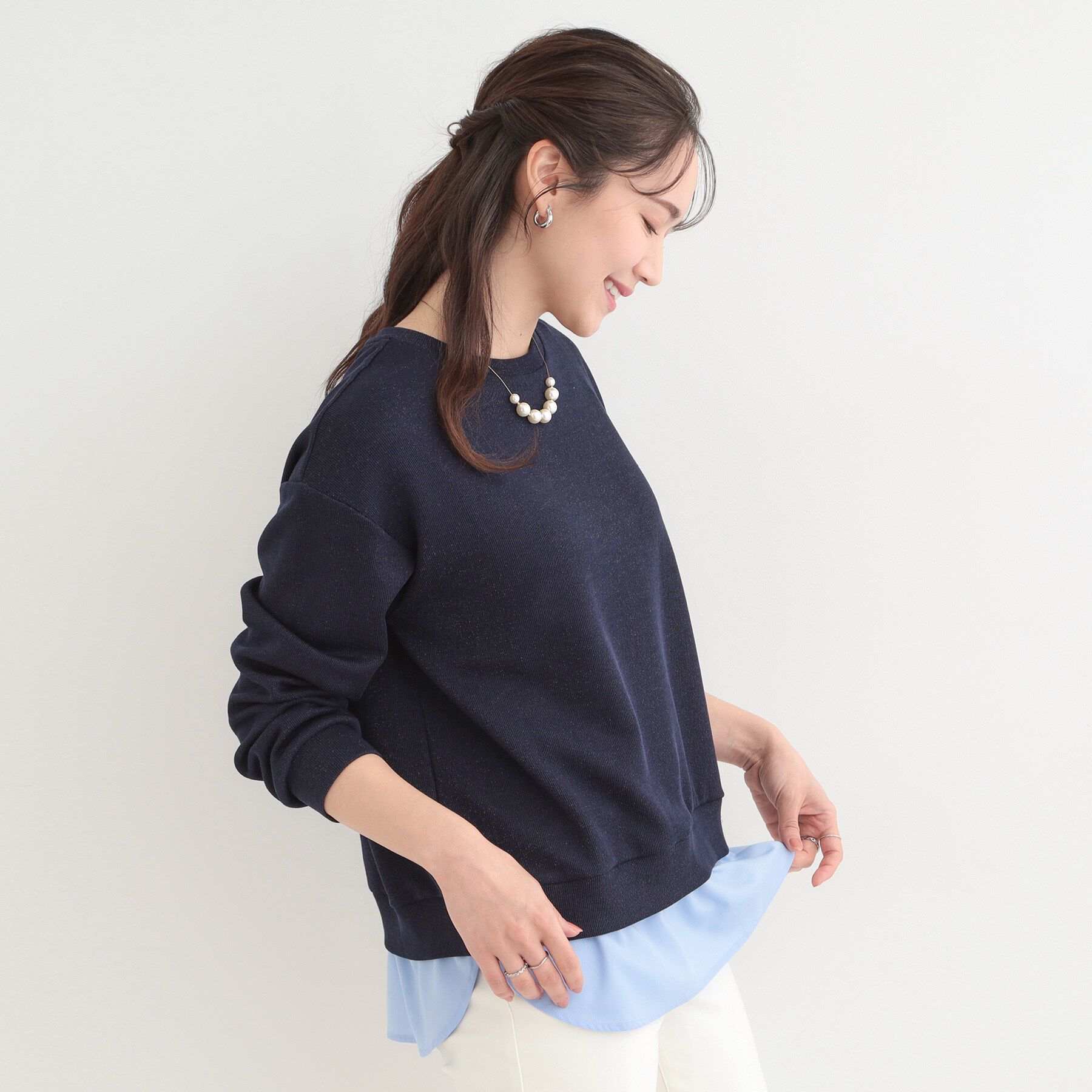 SHOO･LA･RUE「【洗濯機可】1枚でサマ見え ラメニットソー レイヤード風トップス」|Tシャツ・カットソー|