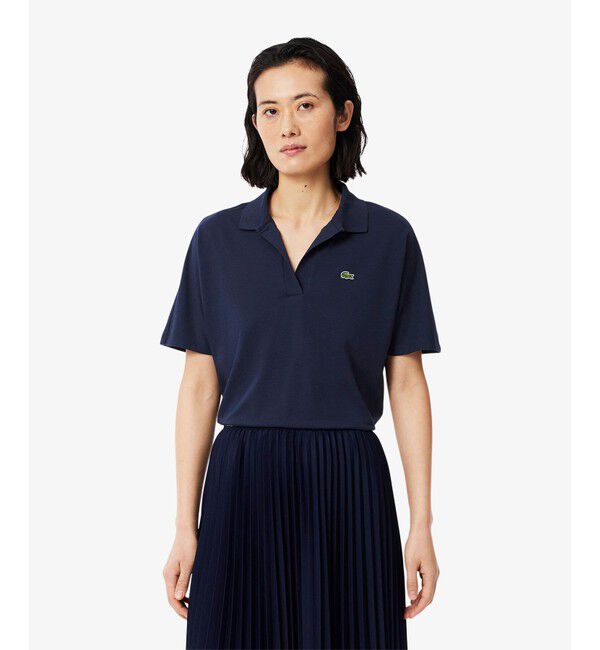 LACOSTE「サイドスリット スキッパーネック ドレープポロシャツ」|ポロシャツ|ネイビー