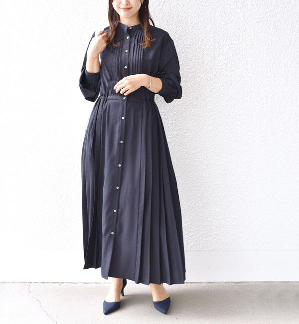 SHIPS for women「〈手洗い可能〉ドット / 花柄 バンドカラー サイド プリーツ ワンピース」|ワンピース|