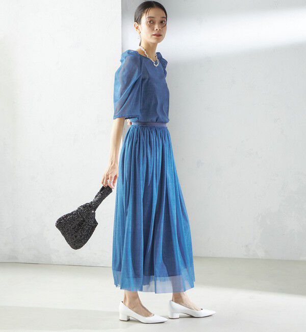 SHIPS for women「troisiemeCHACO:〈手洗い可能〉デニム プリント チュール ブラウス」|シャツ・ブラウス|