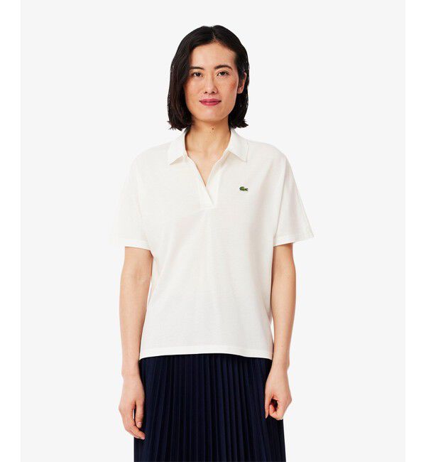 LACOSTE「サイドスリット スキッパーネック ドレープポロシャツ」|ポロシャツ|ホワイト